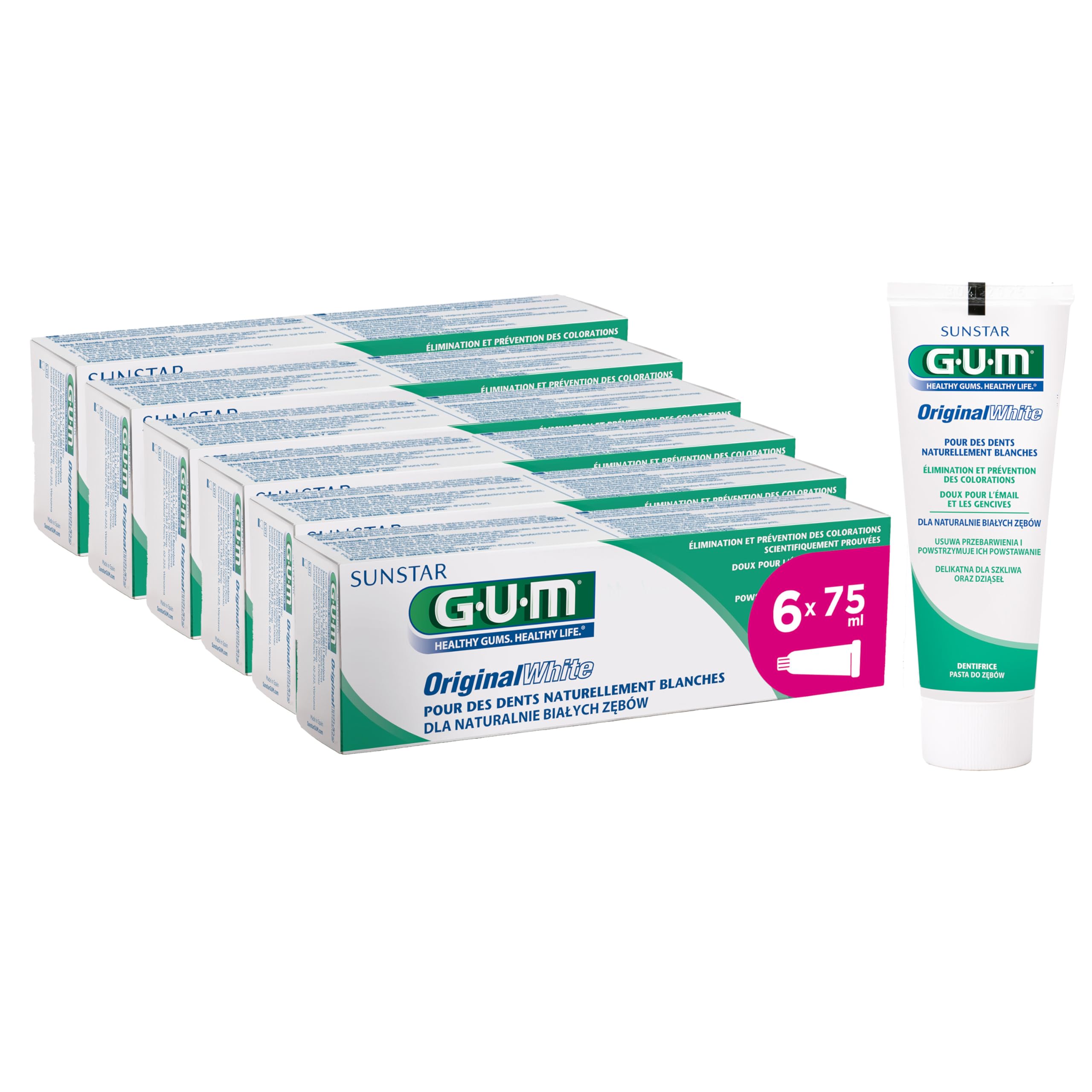 GUM Original White Toothpaste | restores The Original Whiteness of Teeth Without Harsh Ingredients | Fluoride & isomalt Protect Tooth Enamel | 6 x 75ml