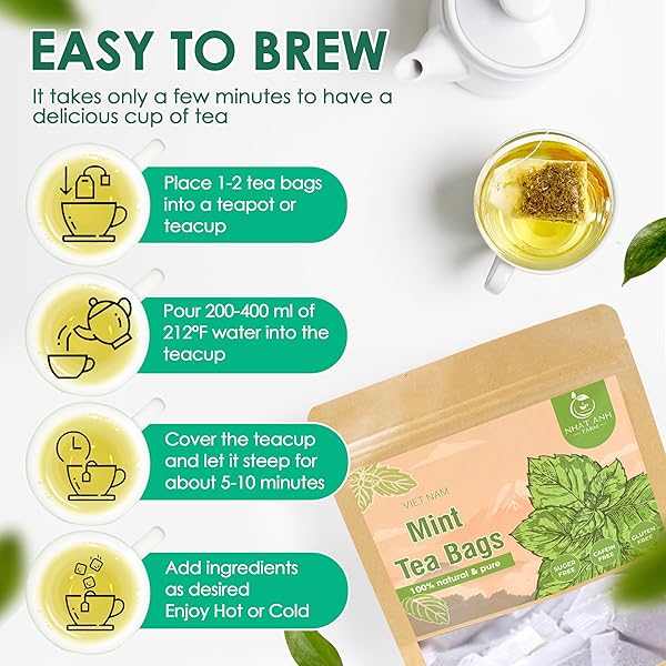 NHAT ANH FARM – PREMIUM PEPPERMINT TEA BAGS, 40 PEPPERMINT TEA BAGS, 100% NATURAL DRIED MINT LEAVES, NATURALLY SWEET HERBAL TEA, SUGAR-FREE, CAFFEINE-FREE, NO ADDITIVES.