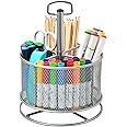 Marbrasse Mesh Desk Organizer, 360-Degree Rotating Multi-Functional Pen Holder, 4 Compartments Desktop Stationary Organizer, Home Office Art Supply Storage Box Caddy (silver)