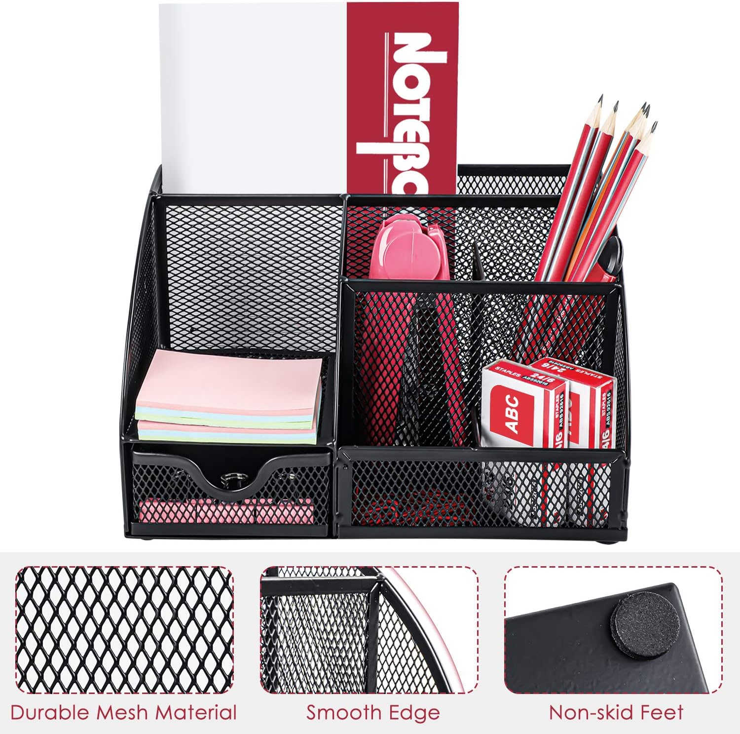 Mesh Desk Organizer Multifunctional Desktop Organizer Office Supplies Holder with 6 Compartments and 1 Drawer for Home, Office, School, Classroom, Workshop by Pipishell: Home Improvement