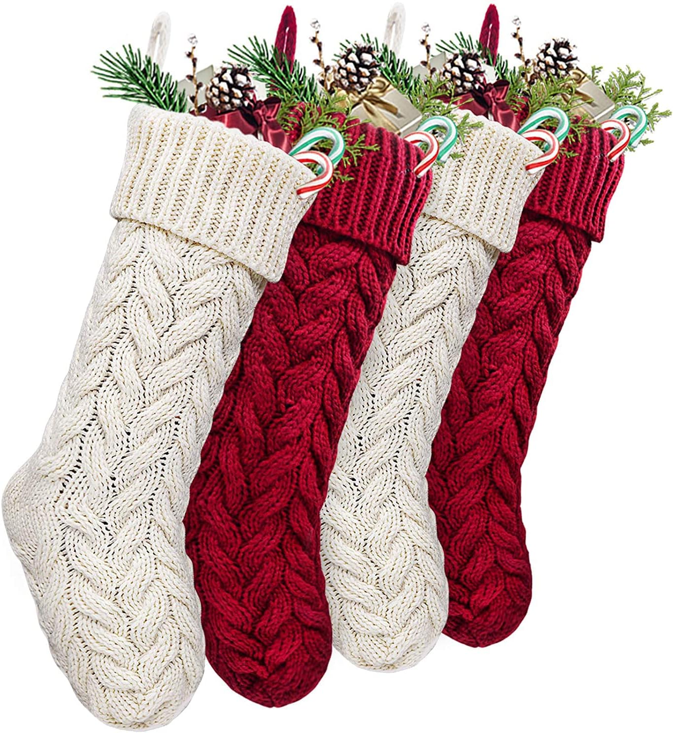 Stockings & Holders - LimBridge Christmas Stockings, 4 Pack 18 inches Large Size Cable Knit Knitted Xmas Stockings, Rustic Personalized Stocking Decorations for Family Holiday Season Decor, Cream and Burgundy