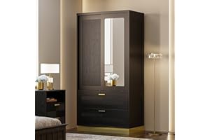 ANCTOR 71" Modern Armoire Wardrobe Closet with Mirror, 2-Door Tall Wardrobe Closet with Sliding Doors 2 Large Drawers Hanging Rod Anti-Tip Kit Freestanding Closets for Bedroom, Apartment, Cloak Room