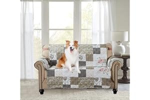 Brilliant Sunshine Rose and Toile Patchwork Couch Cover, Quilted Oversized Loveseat Slipcover, 54" Seat Width, Slip Resistant Furniture Protector, 2" Strap, Washable Couch Cover for Dogs, Rose Grey