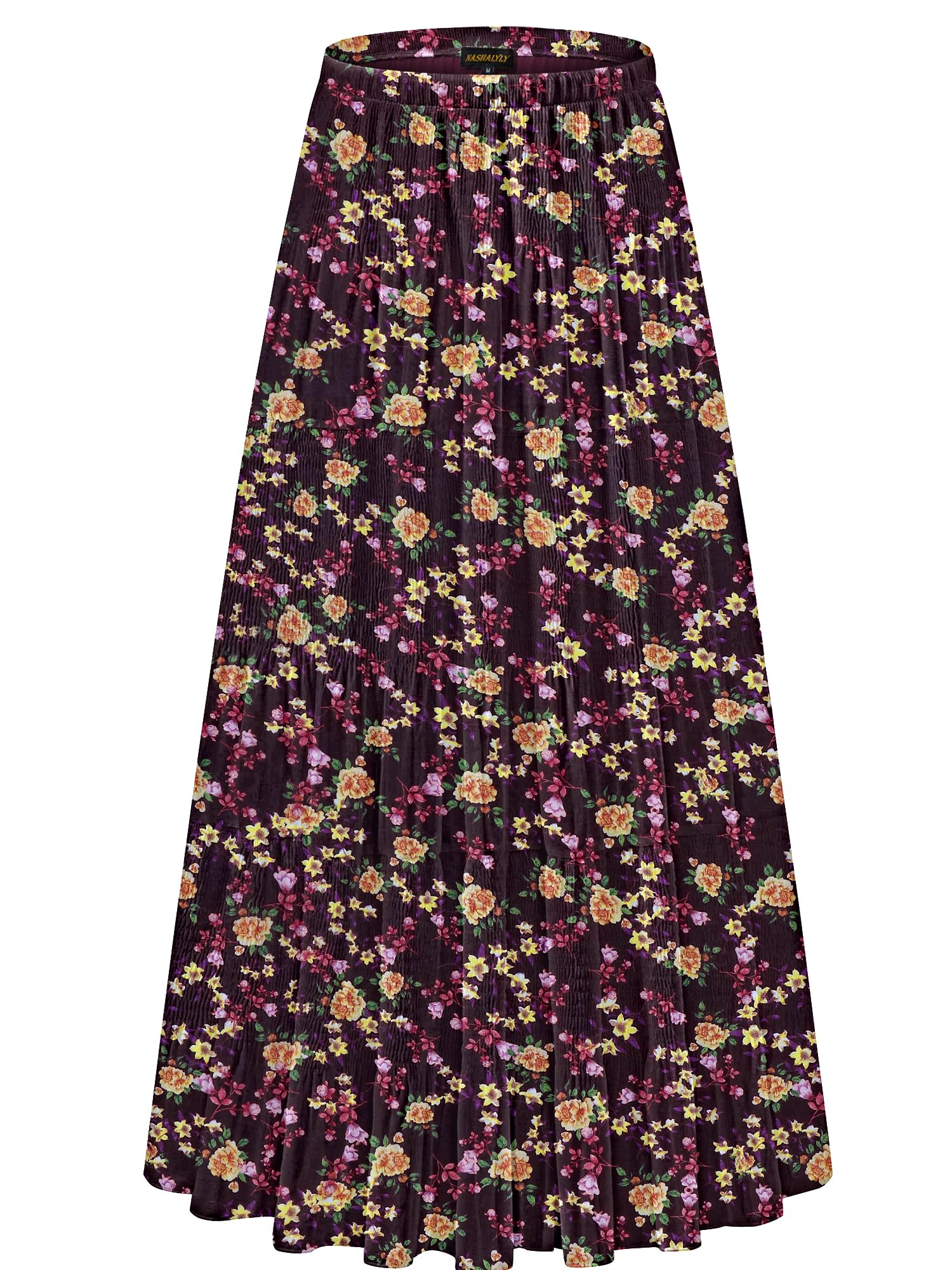 NASHALYLY Women's Chiffon Elastic High Waist Pleated A-Line Flared Maxi Skirts(Floral Y,S) Image