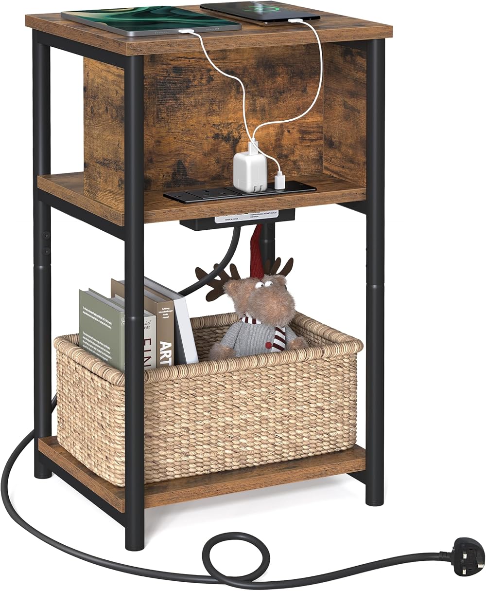VASAGLE Slim Side Table with Charging Station Rustic Brown Black 30x34x58 cm