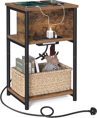 VASAGLE Slim Side Table with Charging Station Rustic Brown Black 30x34x58 cm
