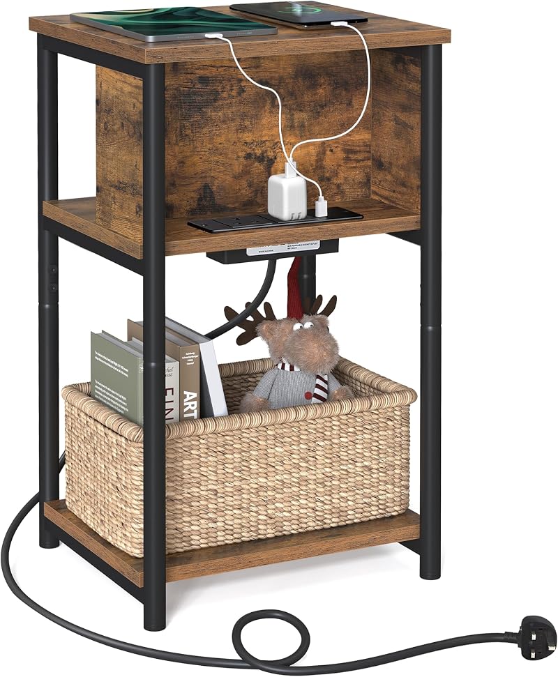VASAGLE Slim Side Table with Charging Station Rustic Brown Black 30x34x58 cm