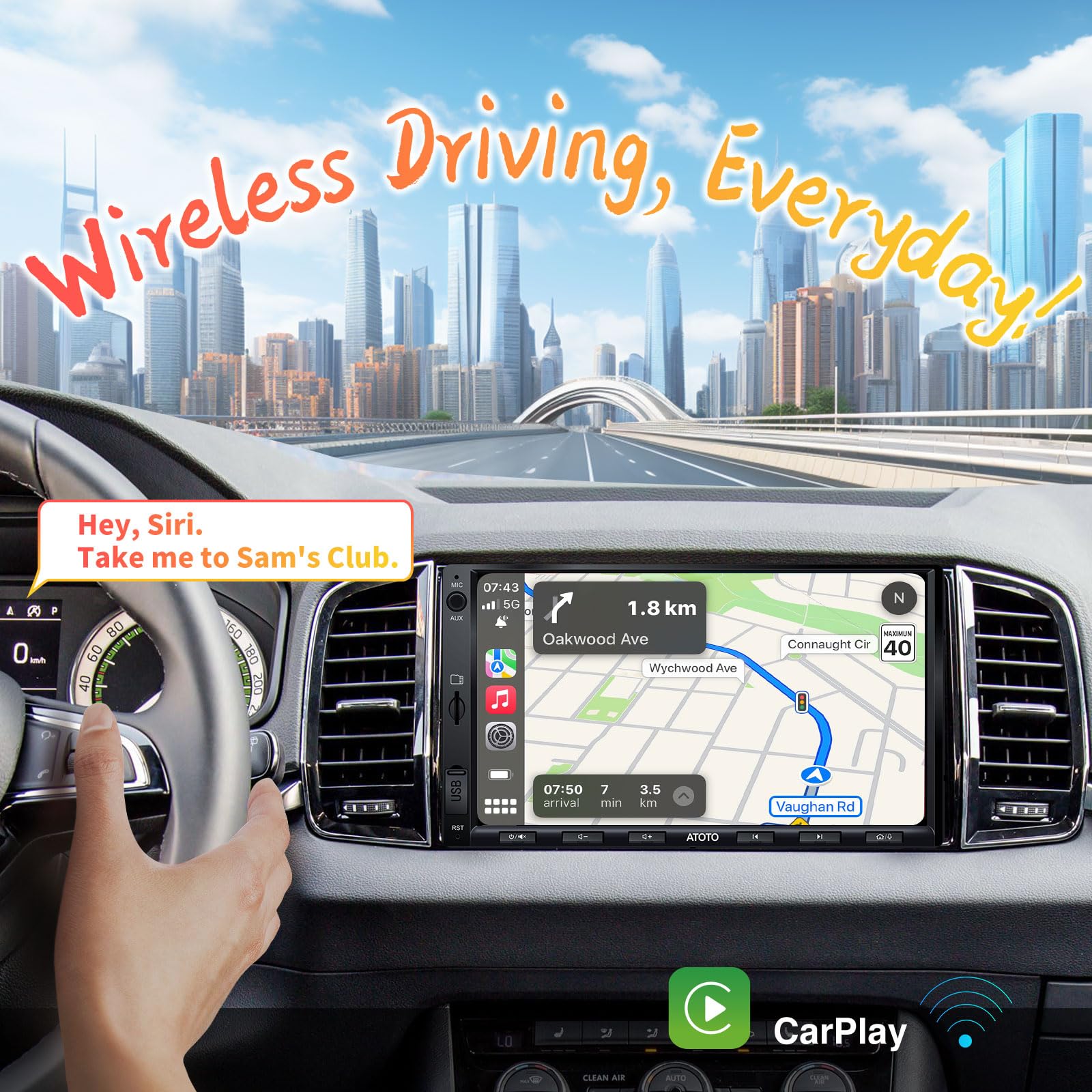 ATOTO F7WE Double DIN Car Stereo Wireless CarPlay, Wireless Android Auto 7inch in-Dash Navigation, Touch Screen Car Radio, Bluetooth 5.3, FM/AM/USB/AUX, 4.1 Channel Audio Out, HD LRV, F7G2A7WE