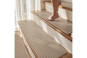 MONTVOO 15PC Jute Stair Treads for Wooden Steps-Stairs Carpet Non Slip-Peel and Stick Stair Treads Indoor, Adhesive Staircase Step Treads Residue Free, Durable Natural Stair Runner Rug,8"x30" Beige
