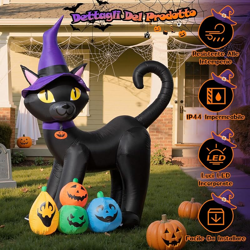 180CM Gatto Nero Halloween Gonfiabili Decorazioni - Gatto Gonfiabile con Cappello da Strega e luci LED Incorporate - Blow Up Halloween Decorazioni Esterno per Prato Giardino Cortile — foto 4 di 8