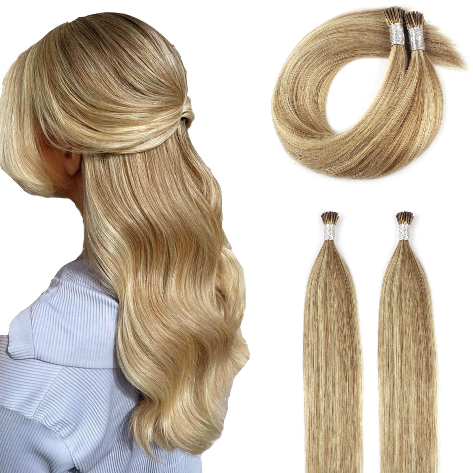 ABH AmazingBeauty Hair I Tip Hair Extensions Soft Straight I Tip Hair Extensions Human Hair Ash Blonde Highlights Golden Blonde I Tip Fusion Hair Extensions Remy Human Hair 50g 50strands 16 Inch โ image 1