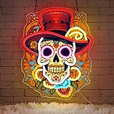 Sneignon Day of the Dead Neon Sign - Mexican Sugar Skull LED Neon Light for Home & Bar Decor,UV Printed Art with Flexible LED Strip,Halloween & Día de Muertos Party Decoration (Red）