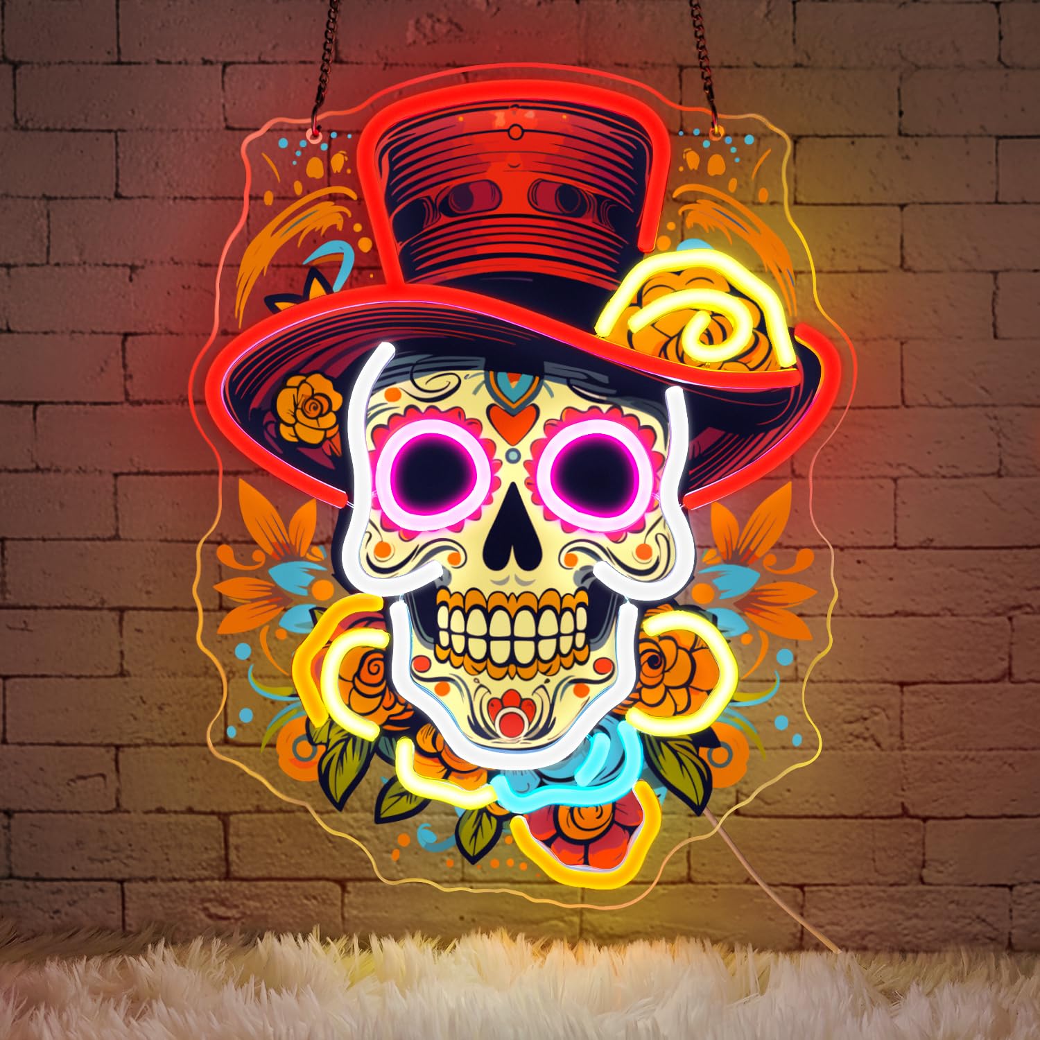 Photo 1 of Sneignon Day of the Dead Neon Sign - Mexican Sugar Skull LED Neon Light for Home & Bar Decor,UV Printed Art with Flexible LED Strip,Halloween & Día de Muertos Party Decoration (Red?