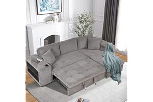 FLIEKS 104.5 inch Reversible Sectional Sofa with Storage Chaise,2 Shelves,2 Stools and 2 Tossing Cushions - 3 Seat Sleeper Contemporary Corner Sectional with Pull-Out Sleeper and Chaise