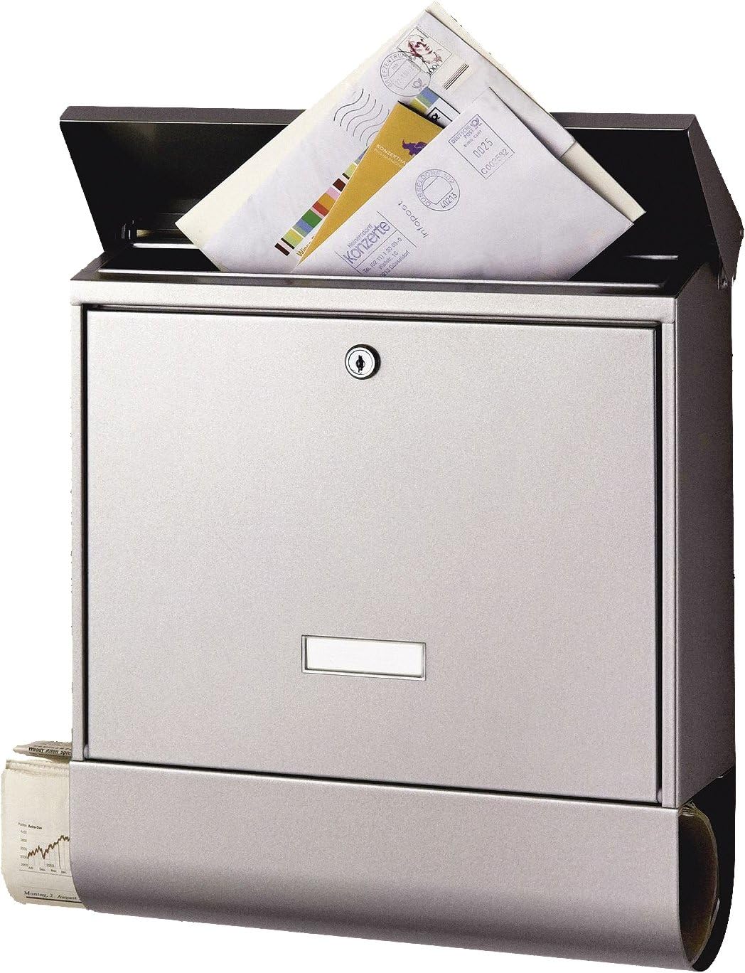 BURG-WÄCHTER Briefkasten mit Zeitungsbox und Namensschild, A4 Einwurf-Format, EU Norm EN 13724, Inkl. 2 Schlüsseln, Rostfreier, AMZ 2500 (Edelstahl)