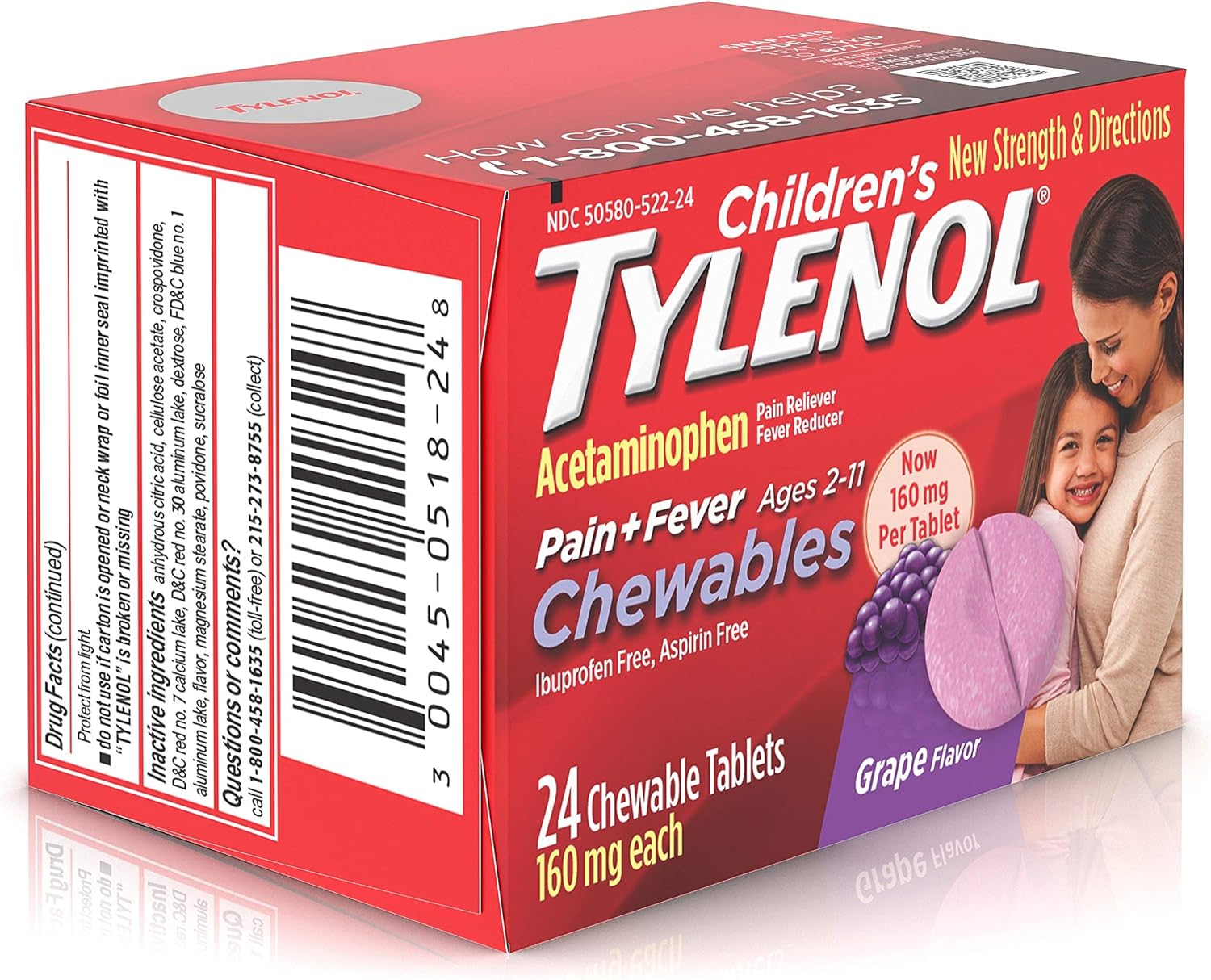 Children's Tylenol Chewables, 160 mg Acetaminophen for Pain & Fever Relief, Grape, 24 ct: Health & Personal Care