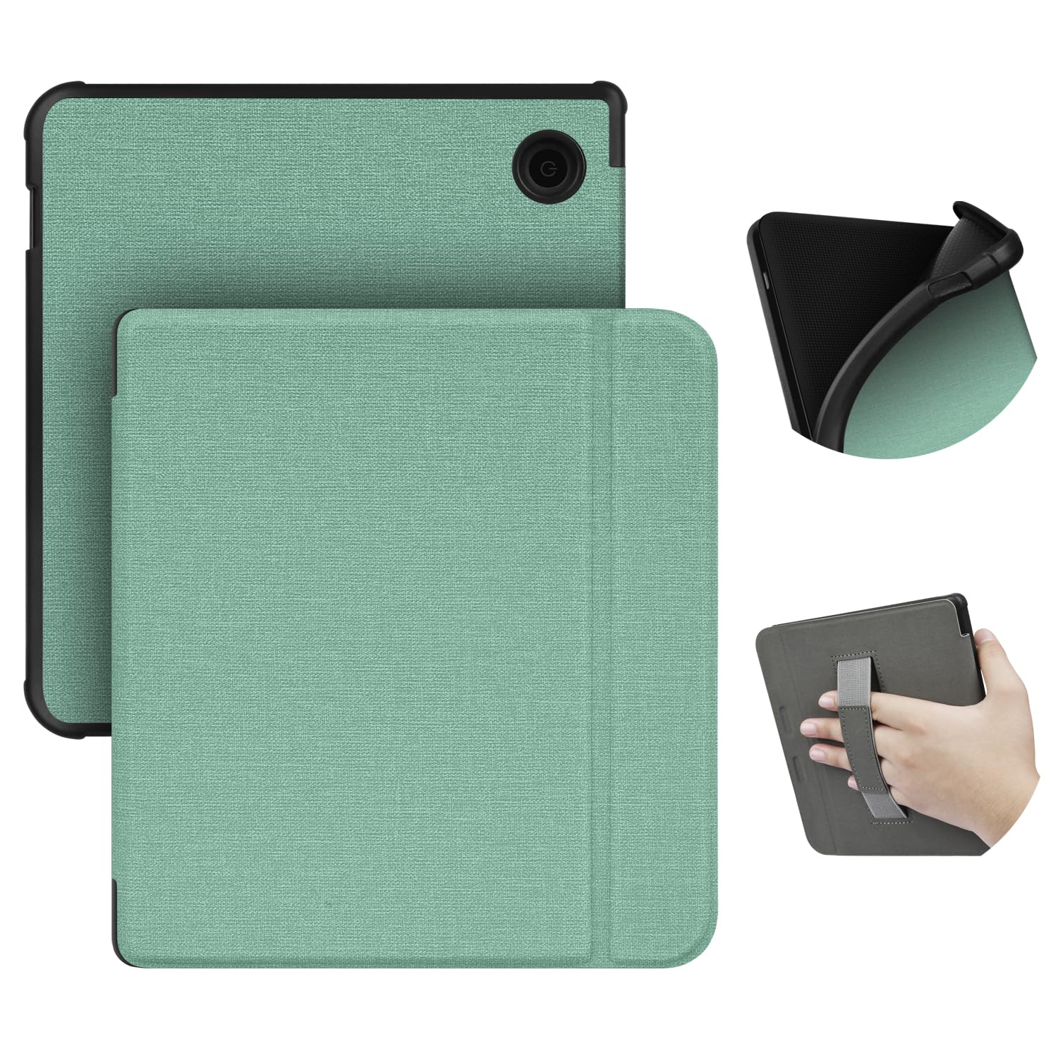ERUNTO Case for 7-Inch Kobo Libra color(2024 Release)/Libra 2/Tolino vision 6, TPU Cover with Cloth Texture and Hand Belt on The Back, Magnetic Shell Cover with Smart Wake-up/Sleep Function(Green)