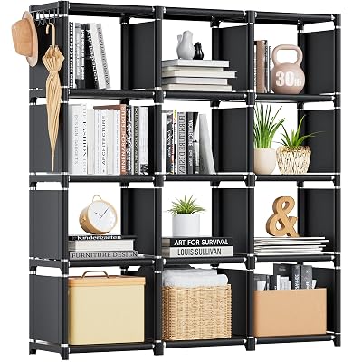 Mavivegue Book Shelf, 12 Cube Storage Organizer, DIY Bookcase, Metal Bookshelf,Tall Book case for Bedroom, Living Room,Office,Closet, Black Cubicle Rack