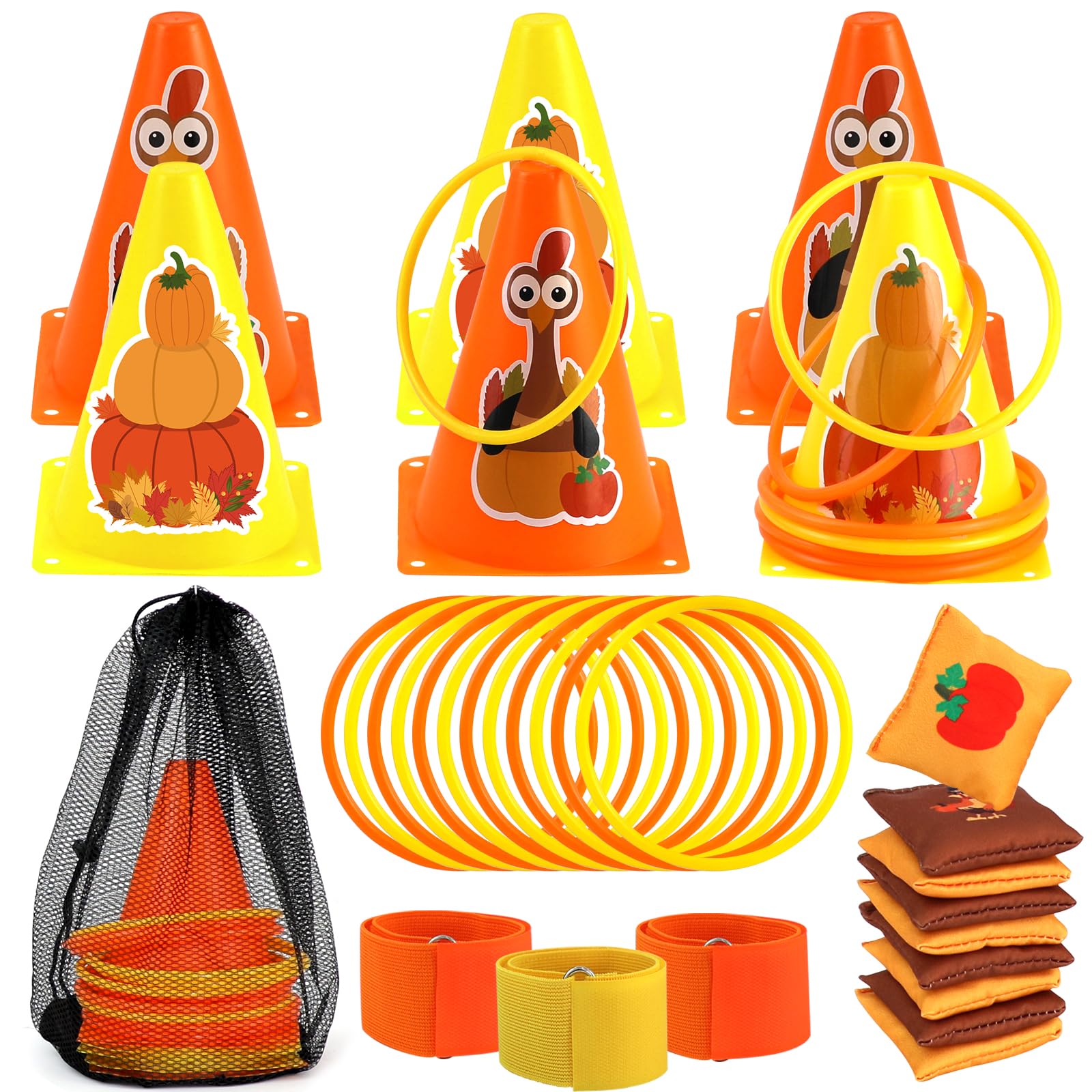 Photo 1 of 4 in 1 Fall Festival Thanksgiving Party Games with Ring Toss, Plastic Cones, Bean Bags, 3-Legged Race Bands, Thanksgiving Games for Family Boy Girl Adult Carnival Friendsgiving Outdoor Yard Activities