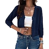Kate Kasin Women's Cropped Cardigan Sweaters Trendy Lightweight 3/4 Sleeve Button Down Crochet Textured Shrugs Top