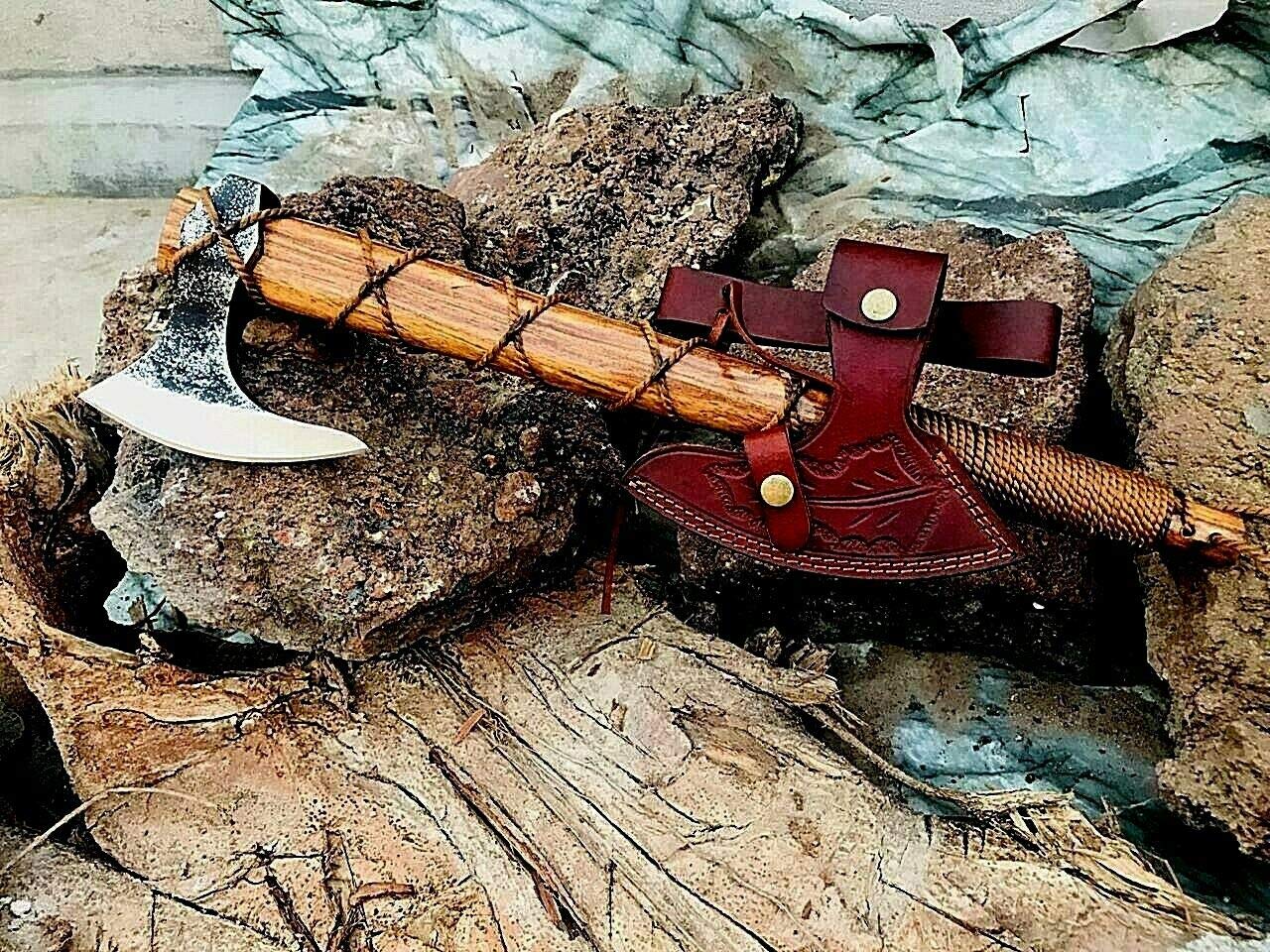 VIKING STYLE, TOMAHAWK SPIKE AXE, LEATHER WRAPPED ASH WOOD HANDLE, CAMPING AXE, FOREST AXE, TOOL