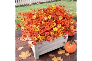 INQCMY Artificial Fall Flowers for Outdoors Decoration, 12 Bundles Faux Pansies Fake Mums Flower Plants UV Resistant No Fade, Realistic Silk Pansy for Porch Planters Garden Patio Yard (Red Orange Yellow)