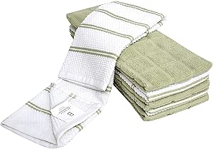 6 Pack XL Popcorn Grid Kitchen Towel Set / 16” x 28”/ Thick, Plush 100% Ring-Spun Cotton / 3 Yarn Dyed, 3 Solid Dyed Variety Pack/Sage Luxury Hand Towels