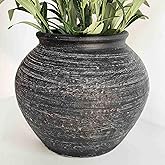 10'' Handmade Clay Black Rustic Textured Vase,Rustic Round Black Terracotta Farmhouse Vase Heavyweight
