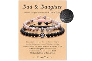 LAVEIR I Love You Projection Bracelets for Dad & Daughter - 100 Languages, Adjustable Natural Stone Bracelet Set with Blessing Card & Velvet Pouch