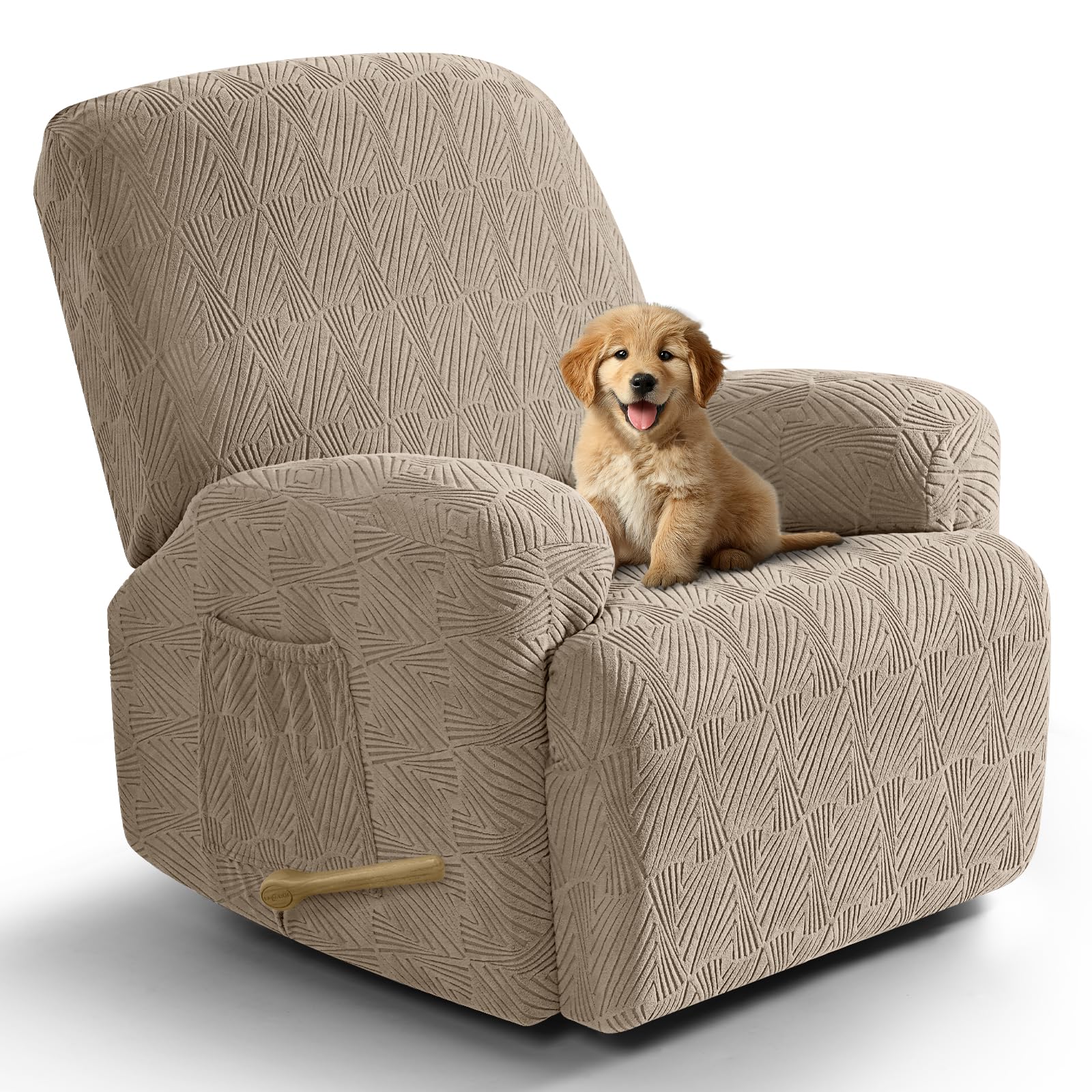 VANSOFY Recliner Chair Covers, 4-Pieces Stretch Recliner Cover Jacquard Soft Reclining Chair Slipcover Furniture Protector with Elastic Bottom for Lazy Boy Recliner(Khaki)