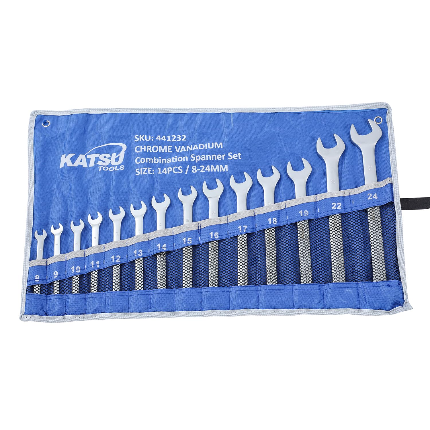 KATSU Tools 14 Pieces Combination Spanner Set Metric Size 8-24mm Garage Workshop Mechanic Car Repair Toolkit with Storage Pouch 441232
