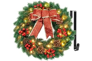 Hocent Christmas Wreaths for Front Door with Hanger & Timer - Pre-Lit Lights 17'' Christmas Wreaths for Windows Decorations with 40 LED Lighted for Mantle Stairs Fireplace Indoor Outdoor Wall