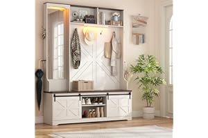 jiteentarou 79" Hall Tree with Bench and Shoe Storage,Entryway Bench with Coat Rack, Shoe Cubbies and Umbrella Holder,Mirror & LED Light,Mudroom,Hallway Storage,White