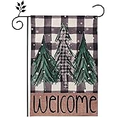 Christmas Tree Garden Flag, 12x18" Welcome Farmhouse Buffalo Plaid Decorations Yard Xmas Double Sided for Outdoor Festival (Only Flag)