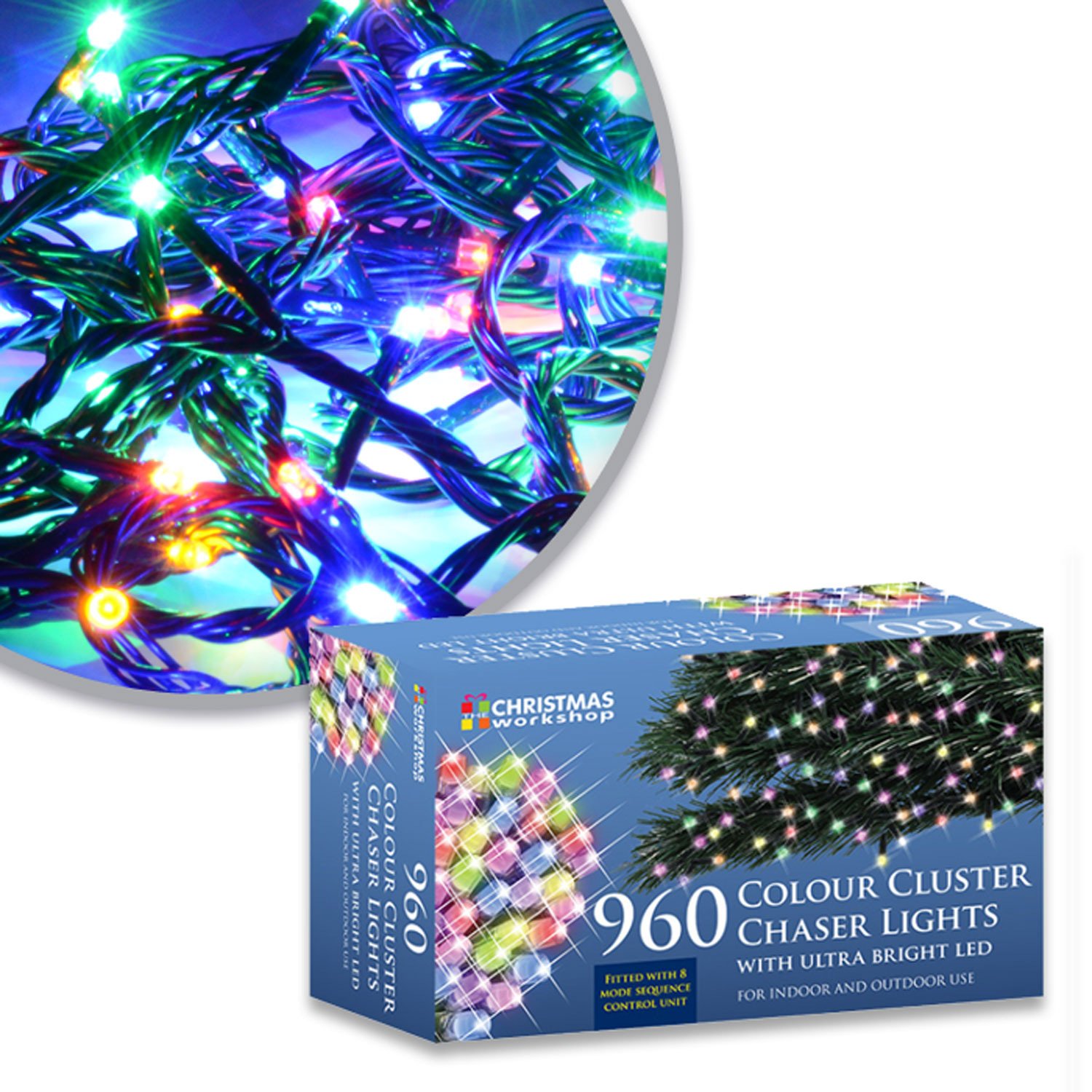 The Christmas Workshop 78460 960 Multi-Coloured LED Chaser Cluster Christmas Lights / Indoor and Outdoor Fairy Lights / 13.9 Metres Long / 8 Light Modes / Christmas, Weddings, Gardens & More
