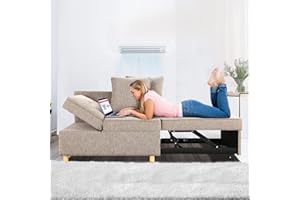 SEJOV Sofa Bed Chair 4-in-1 Convertible Chair Bed, 3-Seat Linen Fabric loveseat Sofa with 2 Throw Pillow, Single Recliner for Small Space with 5 Adjustable Backrest, Brown Grey