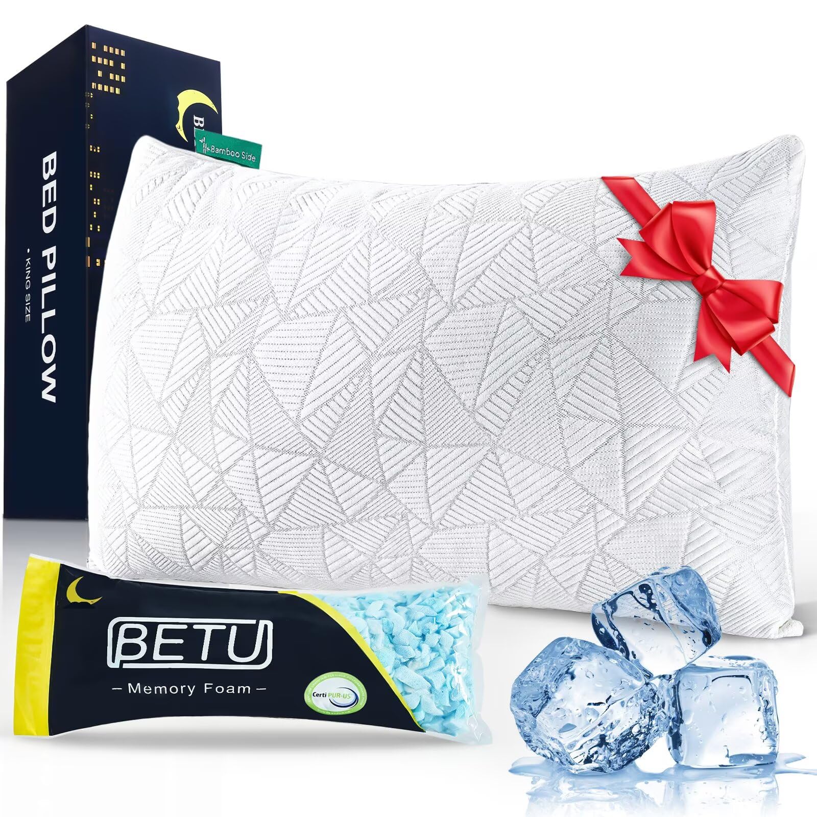 Photo 1 of BETU Cooling King Size Pillow, Shredded Memory Foam Cool Pillow for Hot Sleepers, Adjustable Firm Soft Support Bed Pillows Perfect for Back Neck Pain and Side Sleeping with Pillows Case Cover, White