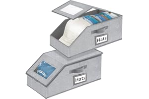 Aokeyee Hat Organizer for Baseball Caps - 2PCS Stackable Storage with Clear Window Lid, Flip-Top Access, Space-Saving Hat Box for Closet, Breathable Fabric (Grey)