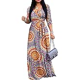 AOMONI Women's Floral Print Maxi Dresses Summer with Pockets Casual 3 4 Sleeve V-Neck Wrap Tie Waist Long Dress, M-3XL