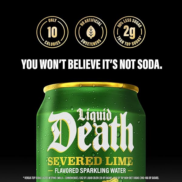 LIQUID DEATH, SODA-FLAVORED SPARKLING WATER VARIETY PACK, 12-PACK (12OZ CANS), LOW CALORIE & NO ARTIFICIAL SWEETENERS, 4 FLAVORS: SEVERED LIME, DOCTOR DEATH, KILLER COLA, AND ROOTBEER WRATH