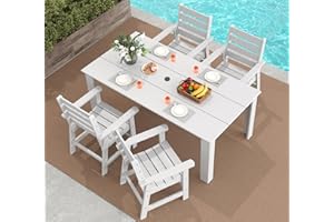 GREENVINES 5-Piece Outdoor Dining Set | HDPE | Patio Table and Chairs Sets for 4 | Patio Furniture | All Weather | Umbrella Hole | White | for Backyard Poolside Garden