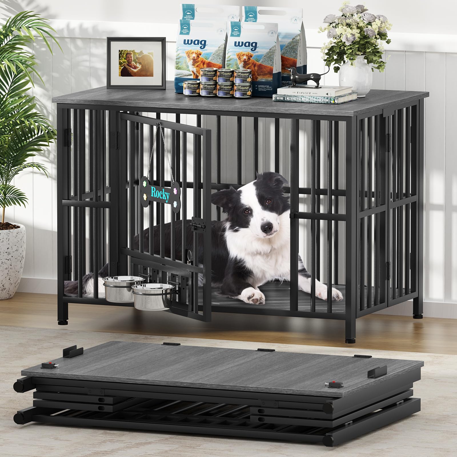 Photo 1 of (Box 2 of 2 Only)    Easycom 41" Dog Crate Furniture Foldable, No Assembly Decorative Dog Kennel Indoor, Dog Crates for Large Dogs(35-60 lb), Wooden Dog Cage with Adjustable Bowls and Name Tag, End Table, Dark Grey
