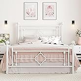 SHA CERLIN 14 Inches Full Size Metal Platform Bed Frame/Vintage Iron-Art Headboard and Footboard/Mattress Foundation for Storage/No Box Spring Needed/Noise-Free/Easy Assembly/White