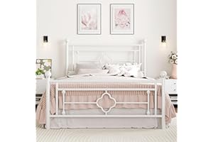 SHA CERLIN 14 Inches Full Size Metal Platform Bed Frame/Vintage Iron-Art Headboard and Footboard/Mattress Foundation for Storage/No Box Spring Needed/Noise-Free/Easy Assembly/White