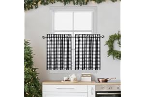 Bapawfish Buffalo Plaid Gingham Half Window Cafe Tier Curtains, Farmhouse Check Tiers Curtain for Kitchen Bathroom Living Room Window, 28" x 36", Black/White, Set of 2