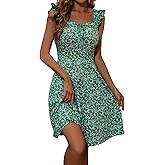 HUHOT Summer Sun Dresses for Women 2025 Adjustable Square Neck Sleeveless Midi Floral Graduation Beach Casaul Sundresses