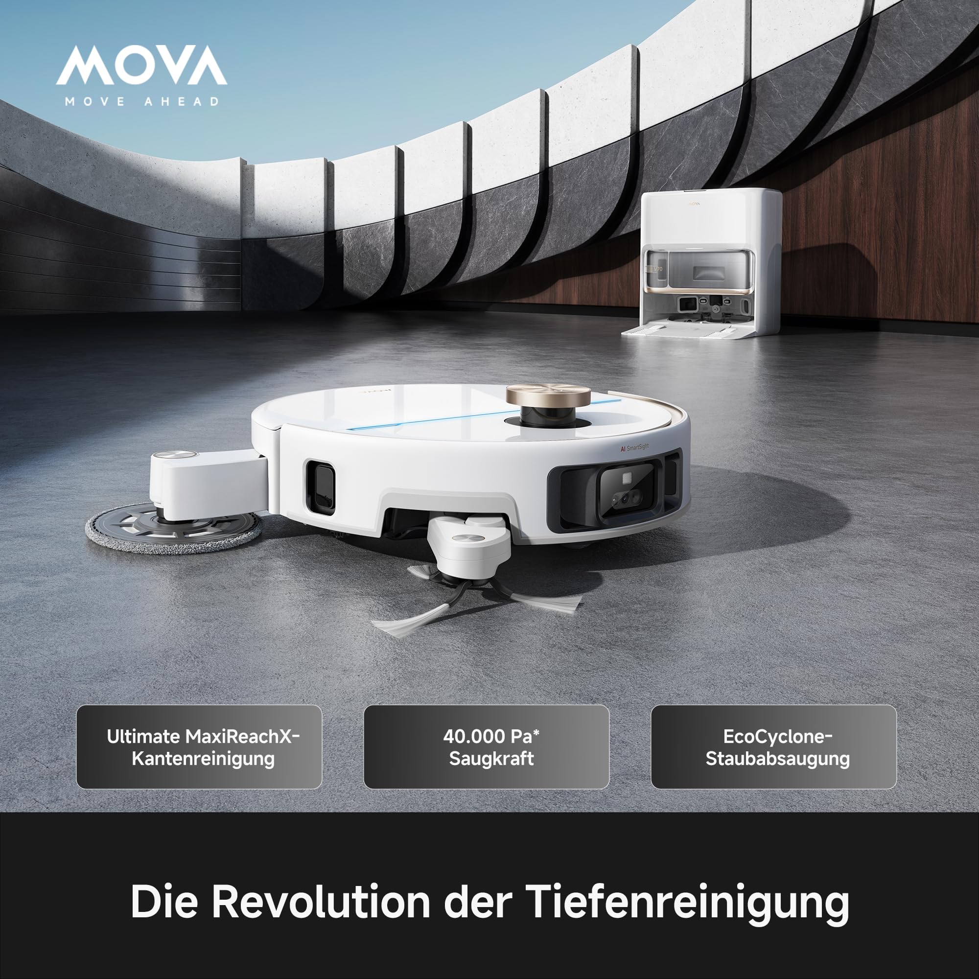Mova V70 Ultra Complete X Saugroboter, MaxiReachX-Doppelverlängerung Seitenbürste & Mopp, 40.000 Pa Saugkraft, 15N Abwärtsdruck & 300 U/min Wischen, 9 cm Hindernisüberwindung, EcoCyclone-Staubbehälter 2