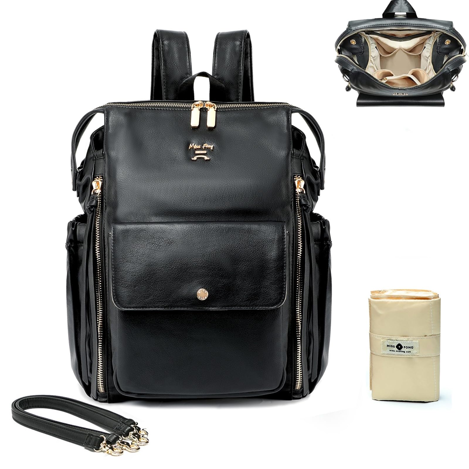 MISS FONG Leather Changing Bag Nappy Backpack,Baby Bags with Changing Mat Diaper Bag for Mum and Dad,Stroller Straps,Insulated Pockets,Black