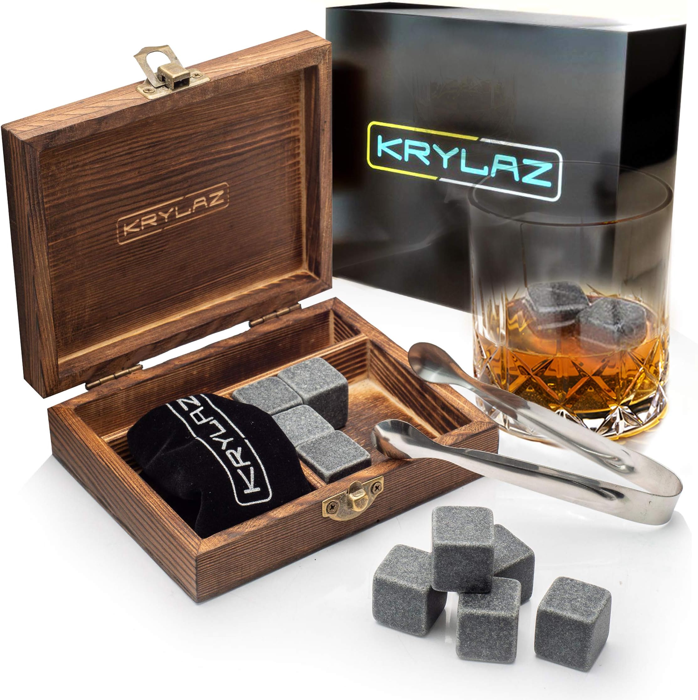 EUROPRENE Whiskey Stones Gift Set in Box with 9 Whiskey Rocks – Drink Stones for chilling Whiskey – Whisky Ice Cubes for Drinks – Pouch for Ice Rocks – Tongs for Chilling Stones