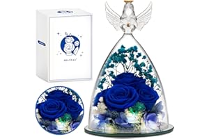 RIANEAN Women Gifts for Christmas, Preserved Flower Gifts for Mother Grandma Wife, Angel Figurine with 4 Roses & LED Light, Gifts for her on Birthday, Christmas, Anniversary, Valentine's Day-Blue